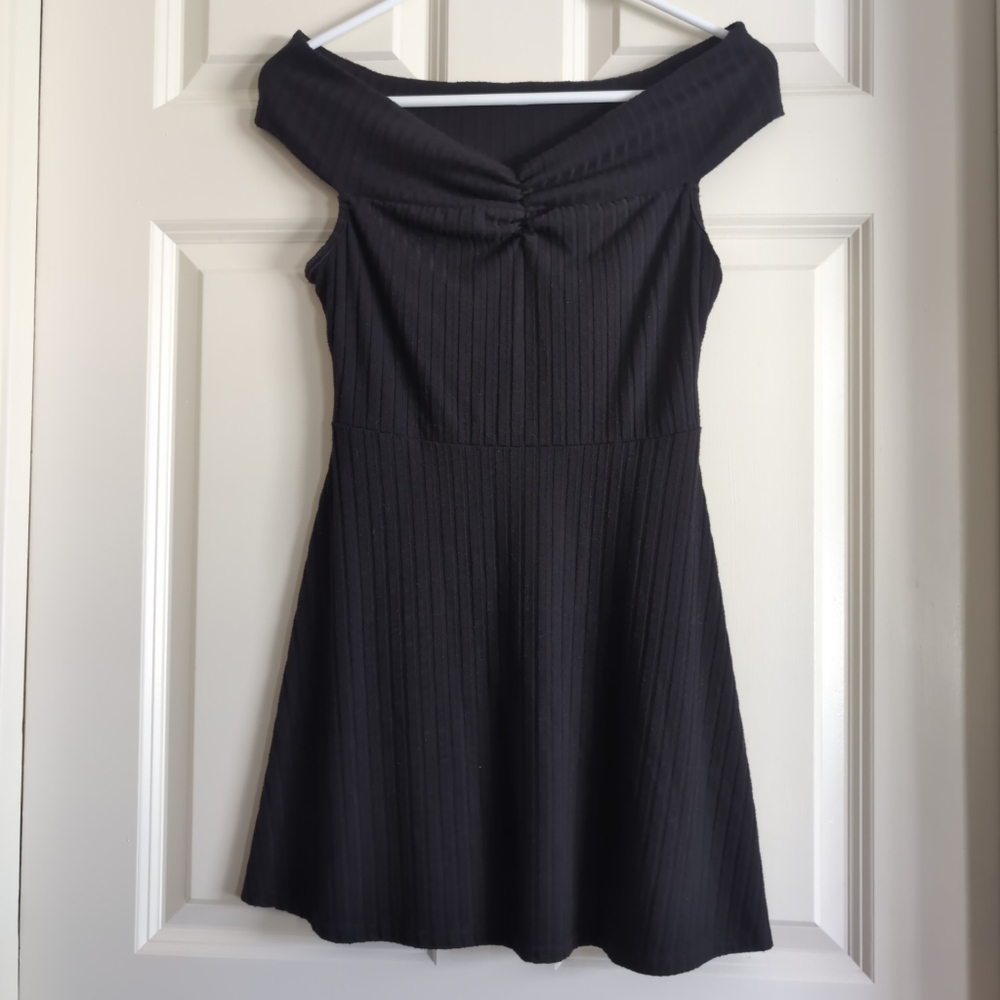 Black ribbed skater dress with off the shoulder sweetheart neckline